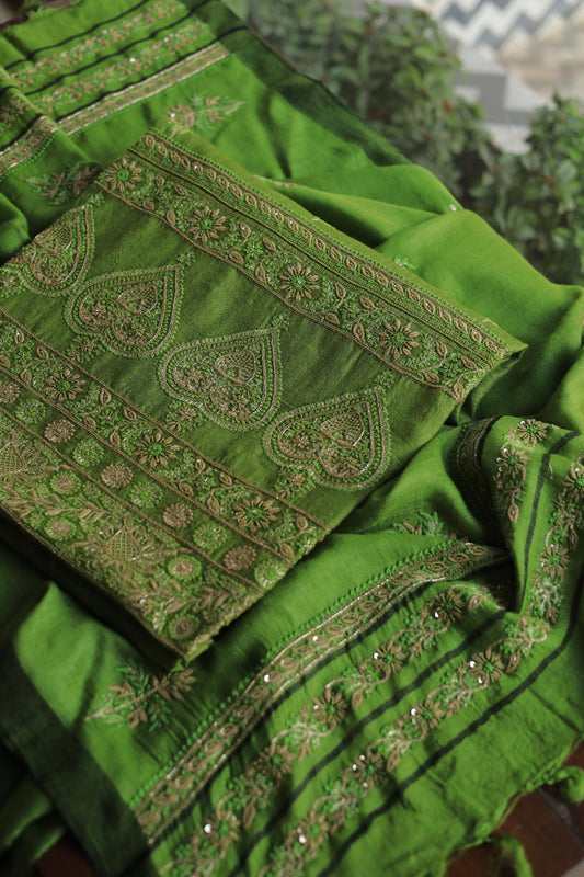 Green Pashmina x Chikankari Fabrics