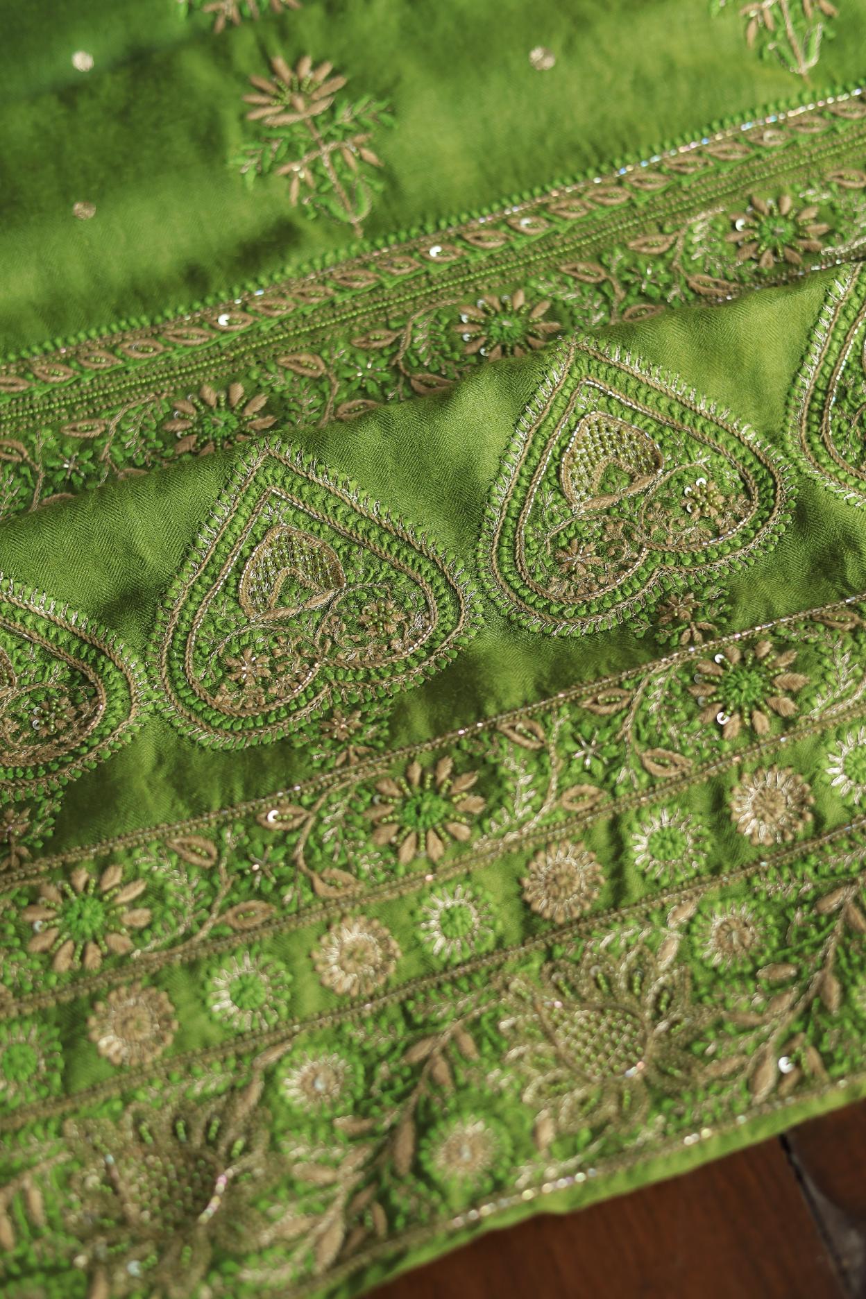 Green Pashmina x Chikankari Fabrics