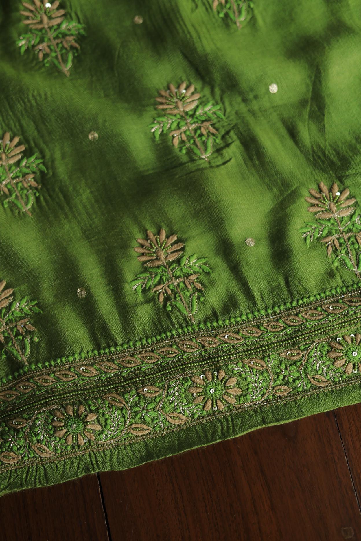 Green Pashmina x Chikankari Fabrics