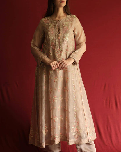 Pastel Beige Noor Organza Chikankari Anarkali With Dupatta