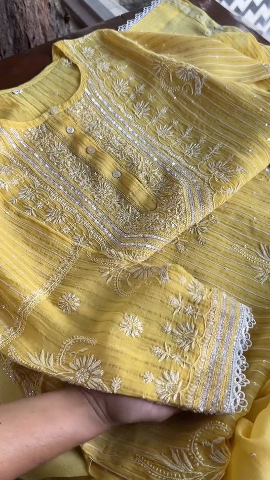 Pastel Yellow Soft Malmal Stripe Pattern Pearl Work Chikankari Kurta Set