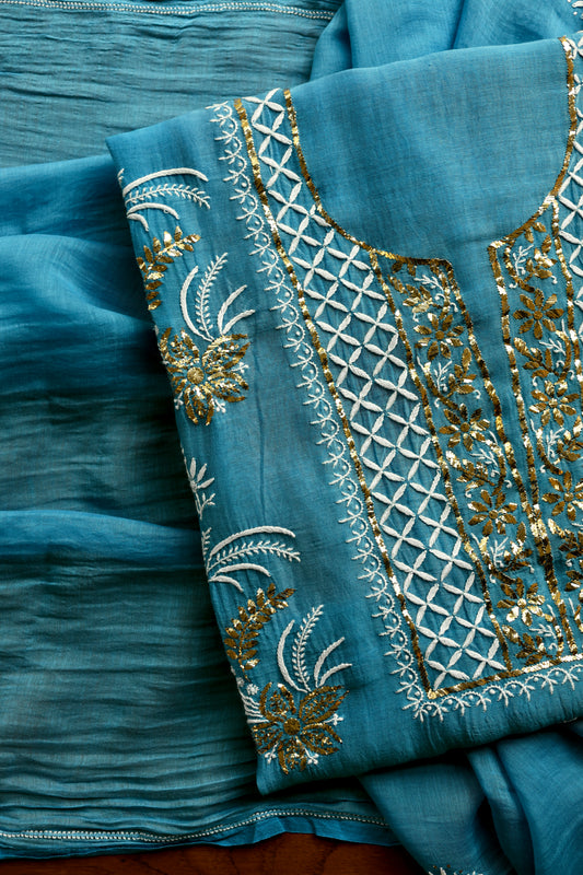 Blue Chanderi Silk Mukaish Badla Unstitched Fabric