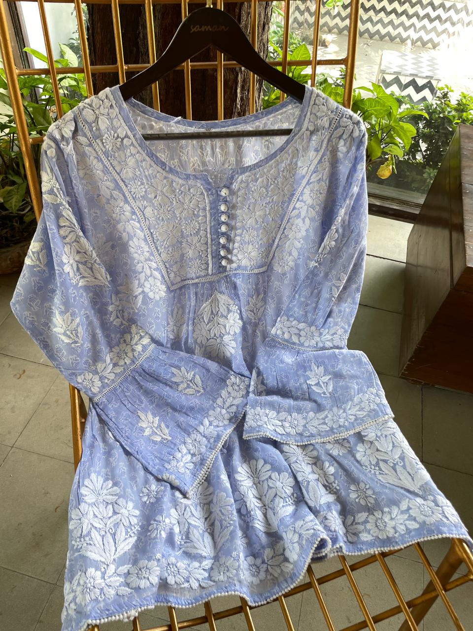 Pastel Blue Floral Handblock Printed Cotton Peplum Top