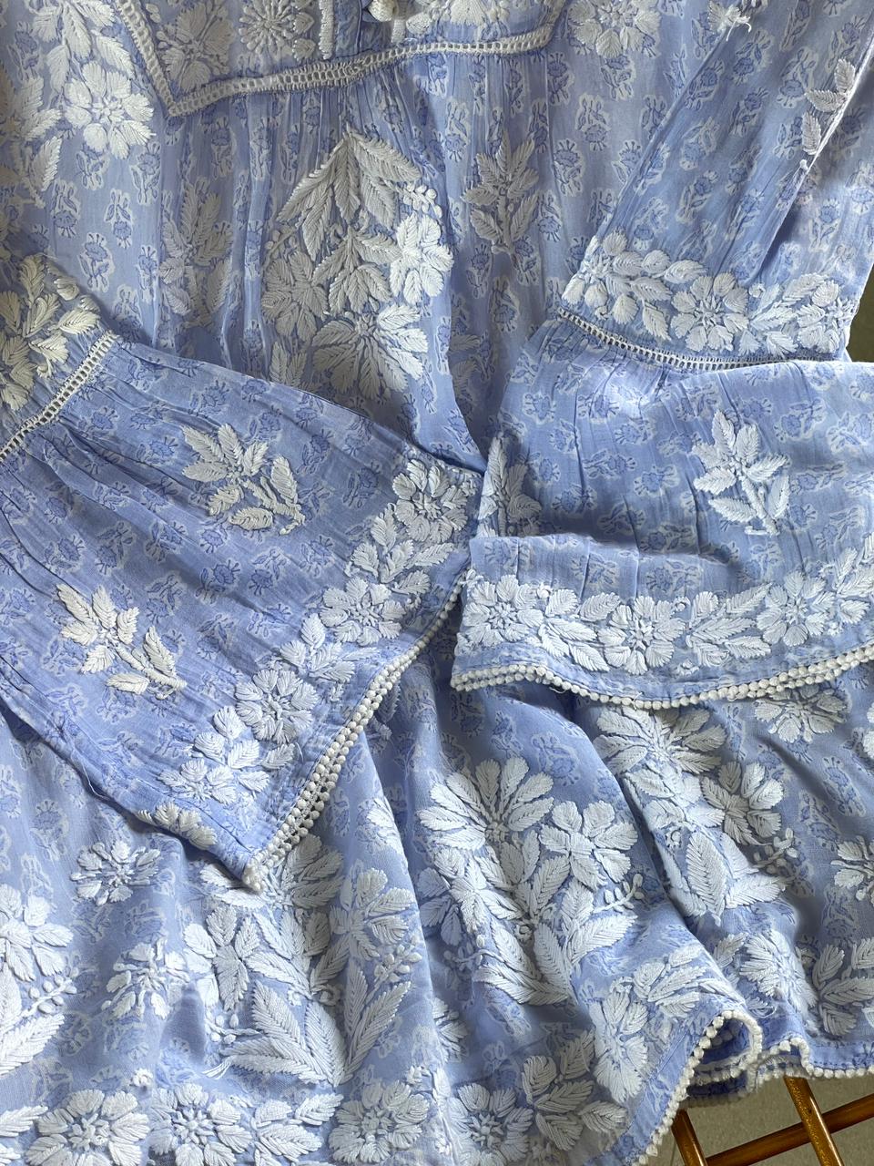 Pastel Blue Floral Handblock Printed Cotton Peplum Top