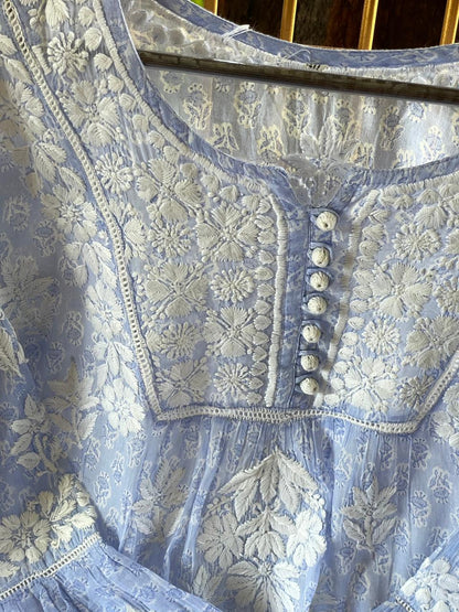 Pastel Blue Floral Handblock Printed Cotton Peplum Top