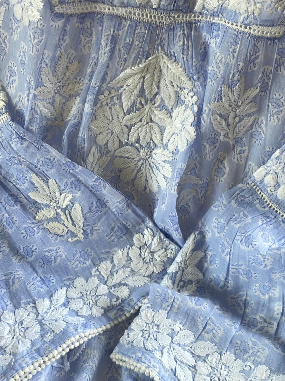 Pastel Blue Floral Handblock Printed Cotton Peplum Top
