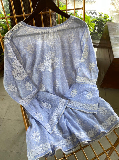 Pastel Blue Floral Handblock Printed Cotton Peplum Top