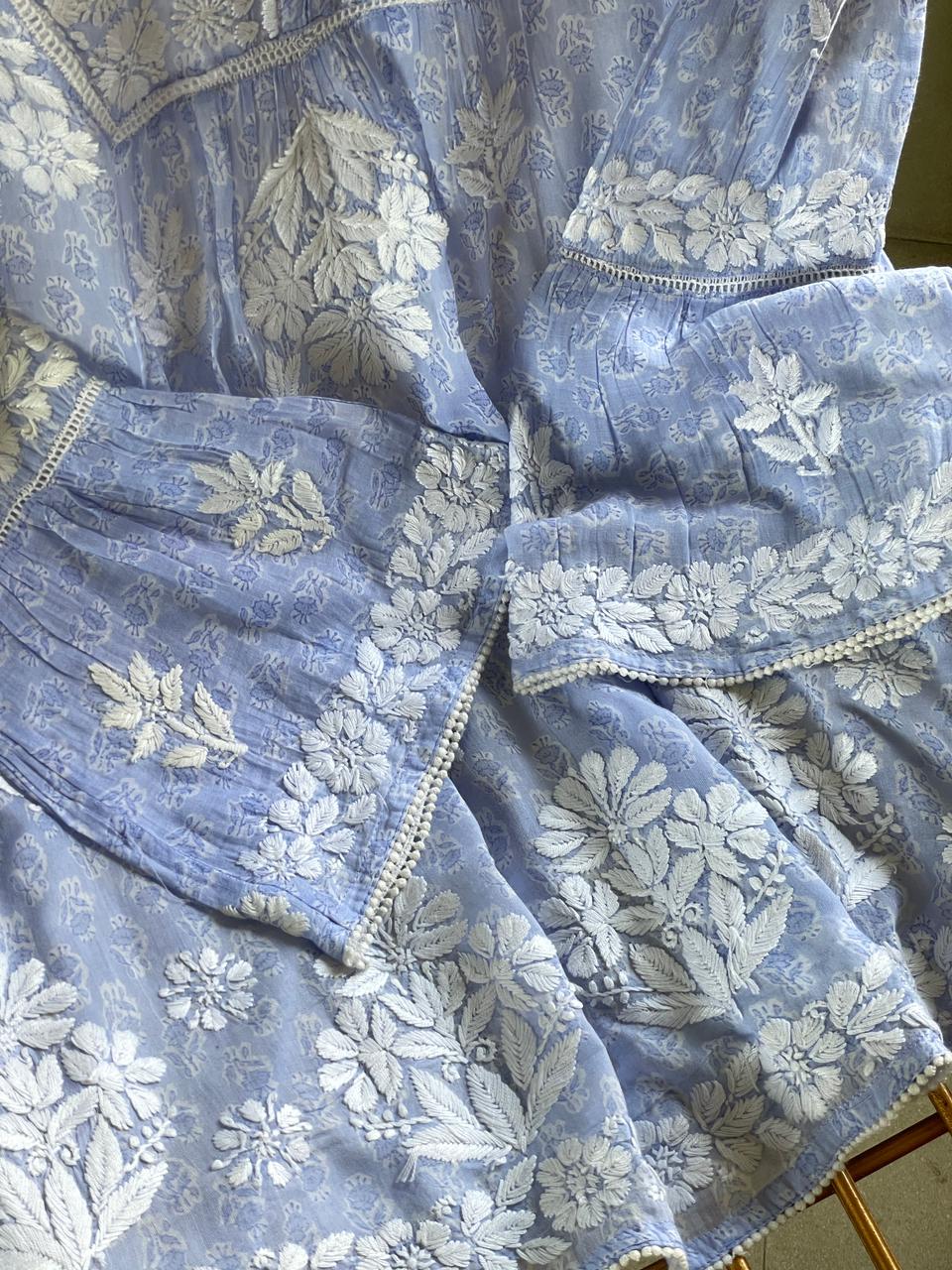 Pastel Blue Floral Handblock Printed Cotton Peplum Top