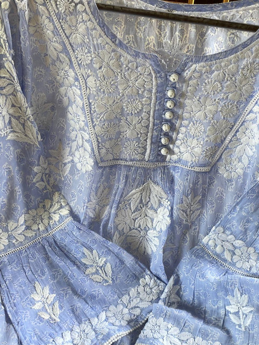 Pastel Blue Floral Handblock Printed Cotton Peplum Top