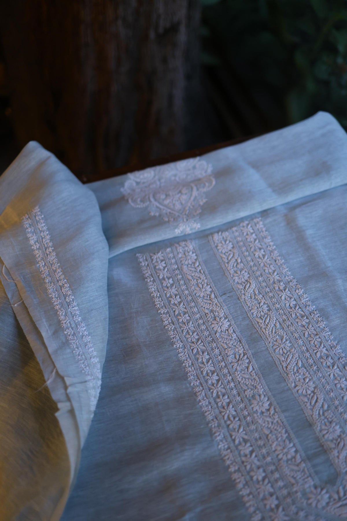 Pastel Blue Linen Chikankari Unstitched Men's Kurta Fabric