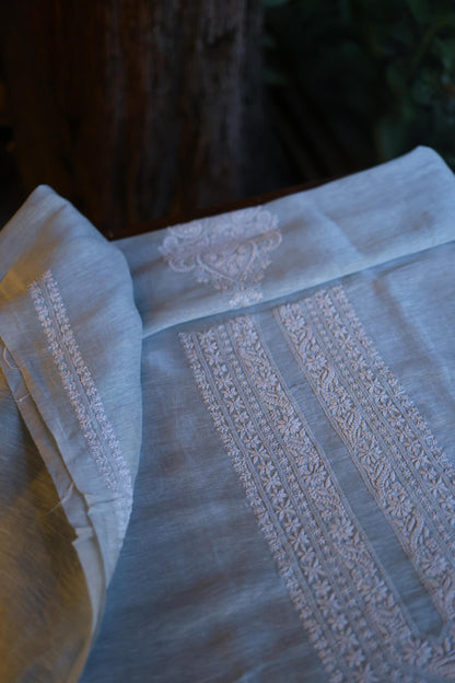 Pastel Blue Linen Chikankari Unstitched Men's Kurta Fabric