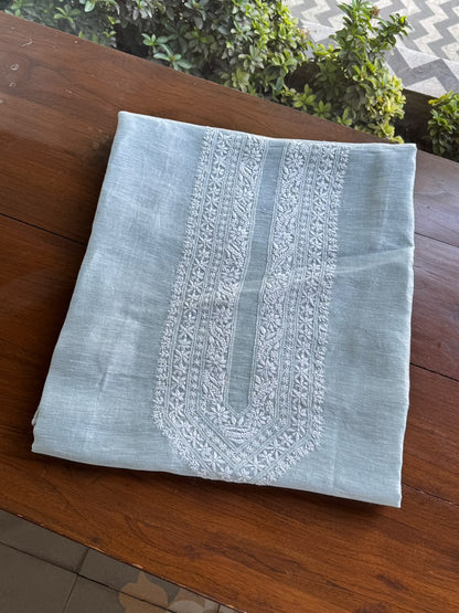 Pastel Blue Linen Chikankari Unstitched Men's Kurta Fabric