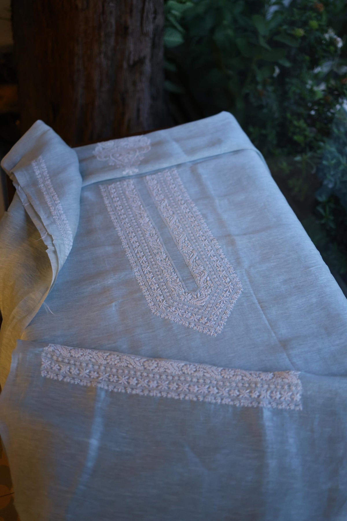 Pastel Blue Linen Chikankari Unstitched Men's Kurta Fabric