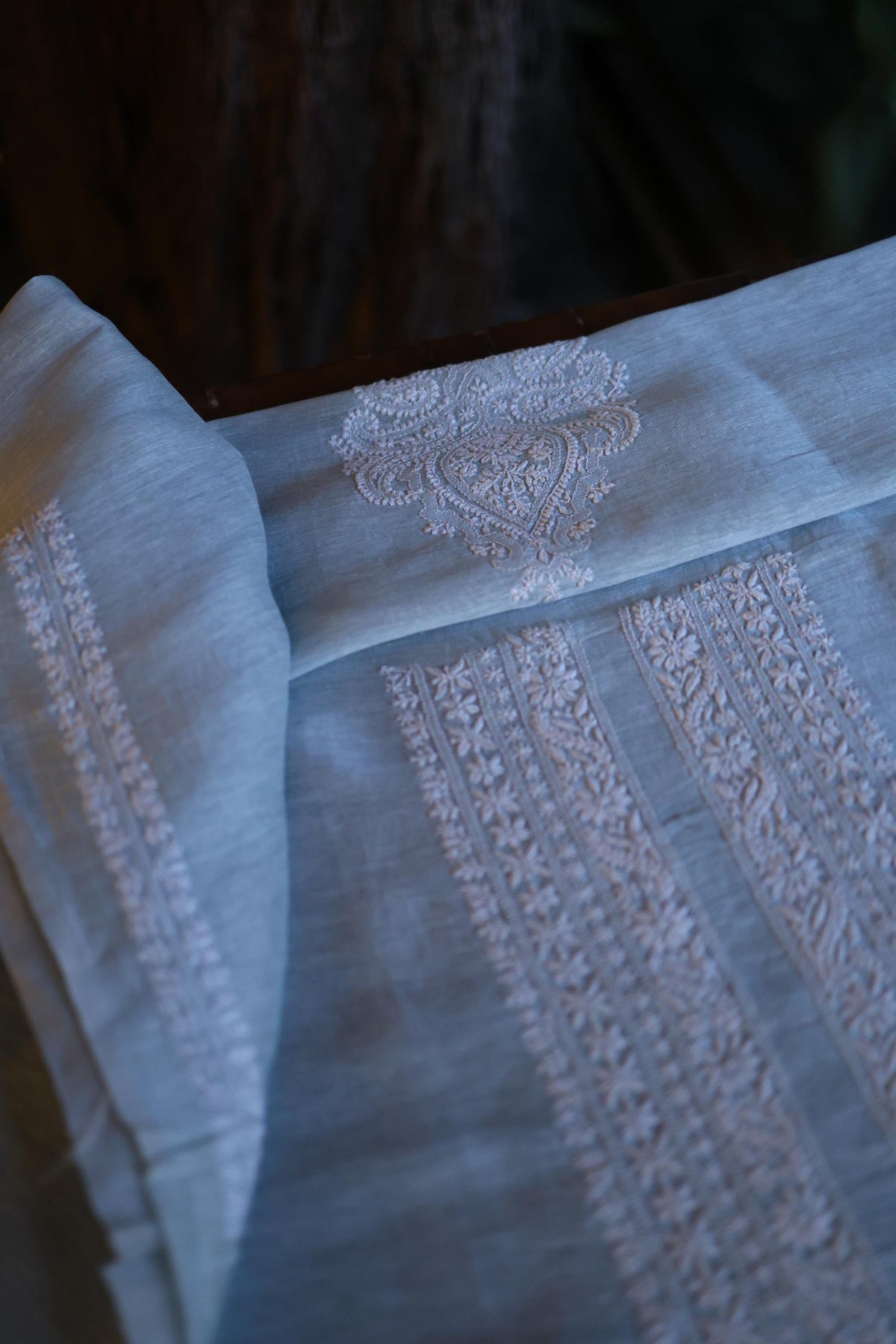 Pastel Blue Linen Chikankari Unstitched Men's Kurta Fabric