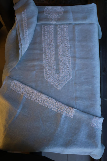Pastel Blue Linen Chikankari Unstitched Men's Kurta Fabric
