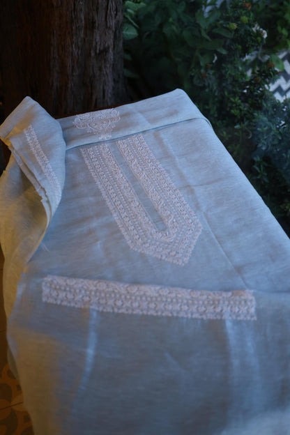 Pastel Blue Linen Chikankari Unstitched Men's Kurta Fabric