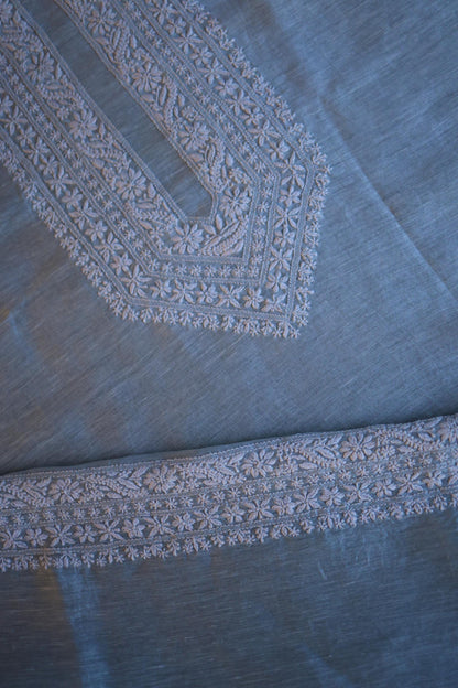 Pastel Blue Linen Chikankari Unstitched Men's Kurta Fabric