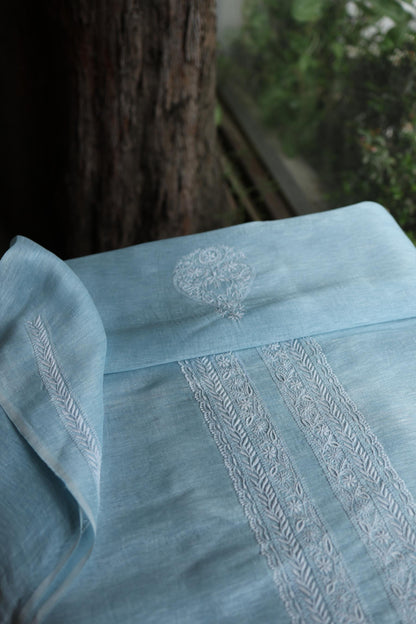 Pastel Blue Linen Chikankari Unstitched Men's Kurtas Fabric