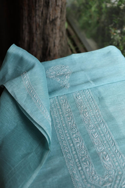 Pastel Blue Linen Chikankari Unstitched Men's Kurtas Fabric