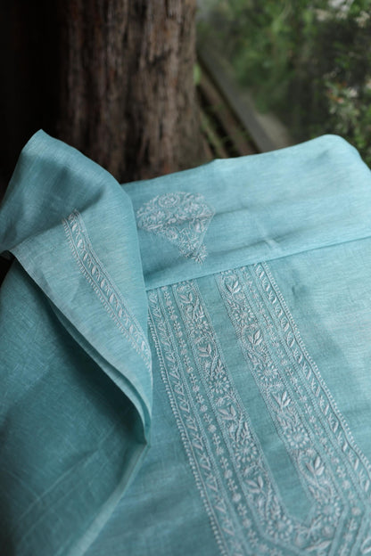Pastel Blue Linen Chikankari Unstitched Men's Kurtas Fabric