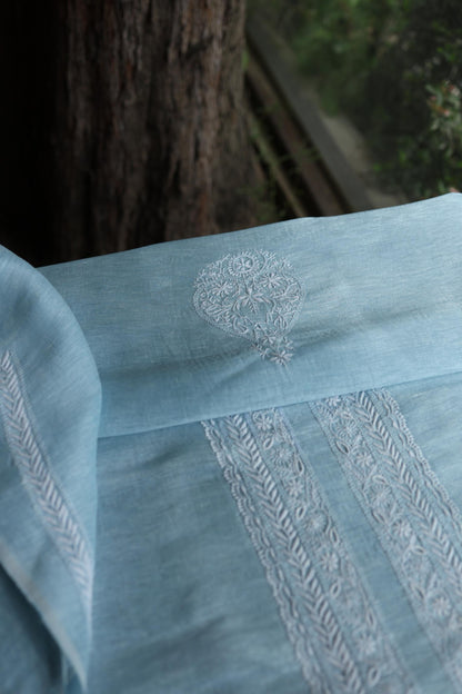 Pastel Blue Linen Chikankari Unstitched Men's Kurtas Fabric