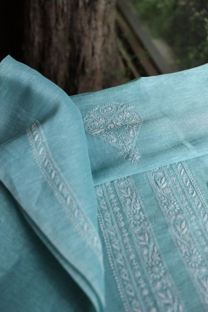 Pastel Blue Linen Chikankari Unstitched Men's Kurtas Fabric