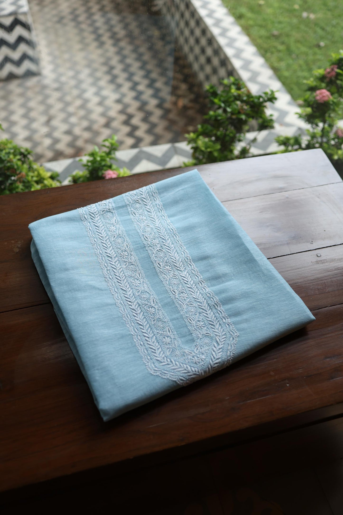Pastel Blue Linen Chikankari Unstitched Men's Kurtas Fabric