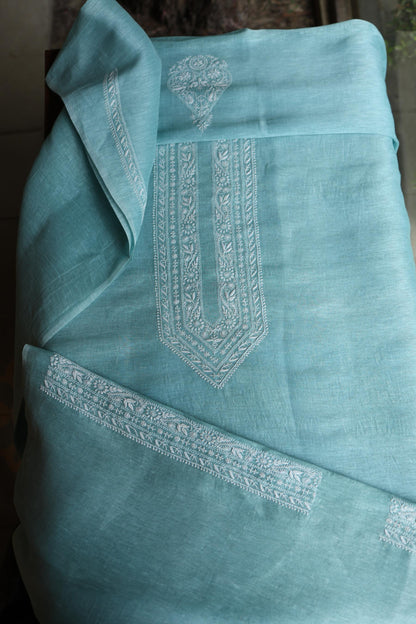 Pastel Blue Linen Chikankari Unstitched Men's Kurtas Fabric