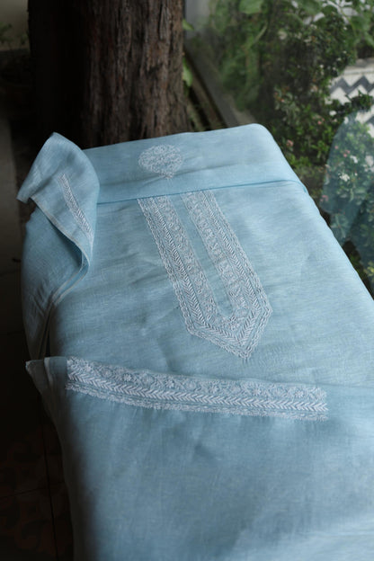 Pastel Blue Linen Chikankari Unstitched Men's Kurtas Fabric