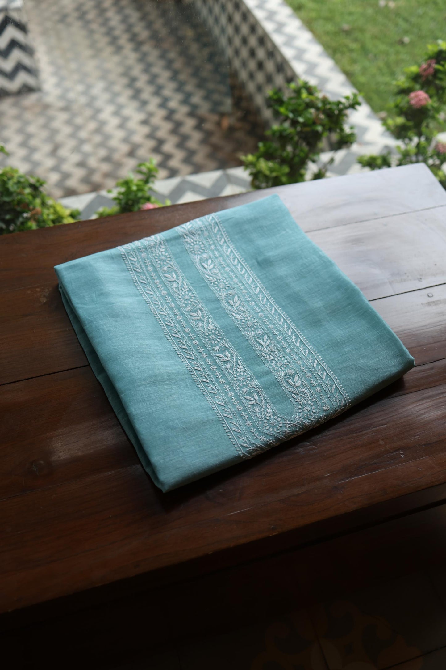 Pastel Blue Linen Chikankari Unstitched Men's Kurtas Fabric