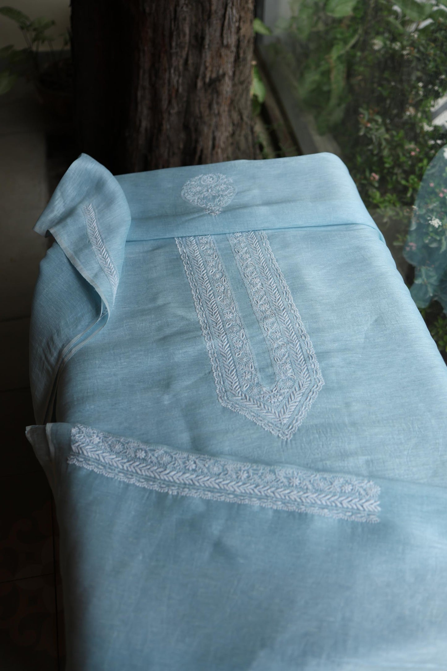 Pastel Blue Linen Chikankari Unstitched Men's Kurtas Fabric