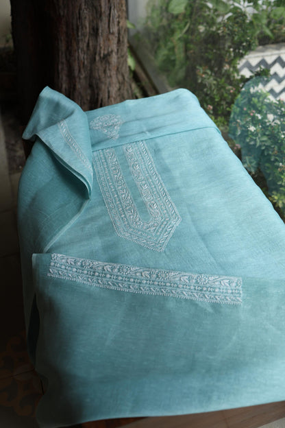 Pastel Blue Linen Chikankari Unstitched Men's Kurtas Fabric
