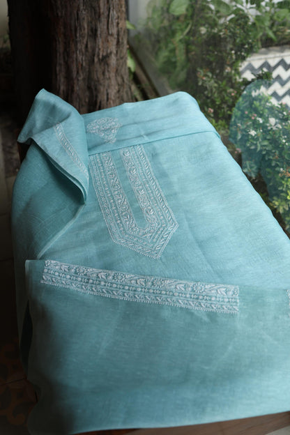 Pastel Blue Linen Chikankari Unstitched Men's Kurtas Fabric