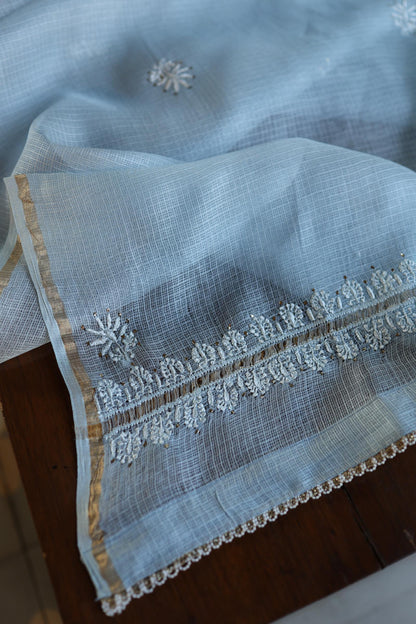 Pastel Blue Rasm Kota Tussar Chikankari Unstitched Chikankari Fabric