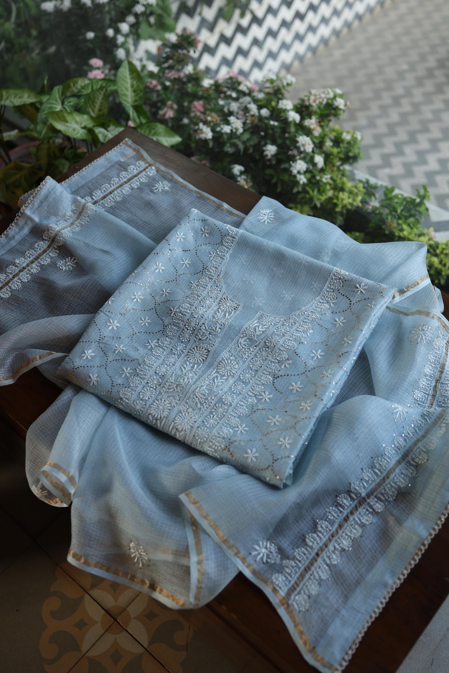 Pastel Blue Rasm Kota Tussar Chikankari Unstitched Chikankari Fabric