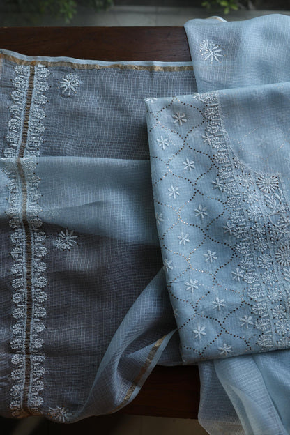 Pastel Blue Rasm Kota Tussar Chikankari Unstitched Chikankari Fabric