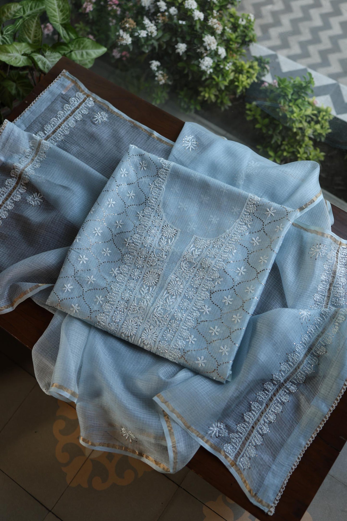 Pastel Blue Rasm Kota Tussar Chikankari Unstitched Chikankari Fabric