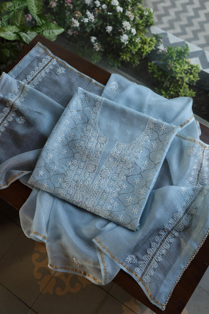 Pastel Blue Rasm Kota Tussar Chikankari Unstitched Chikankari Fabric