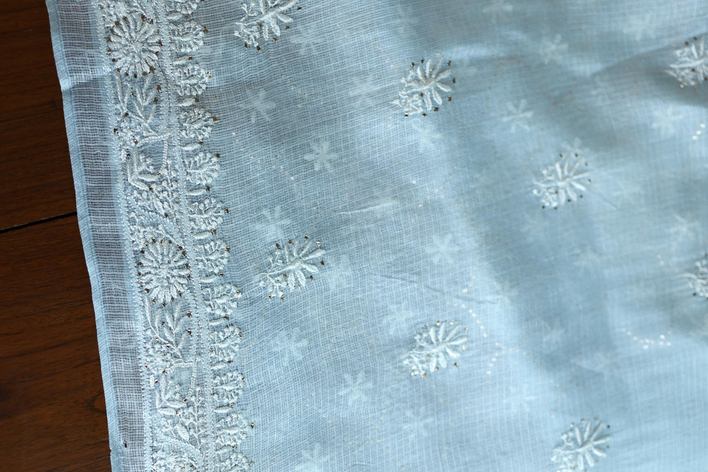 Pastel Blue Rasm Kota Tussar Chikankari Unstitched Chikankari Fabric