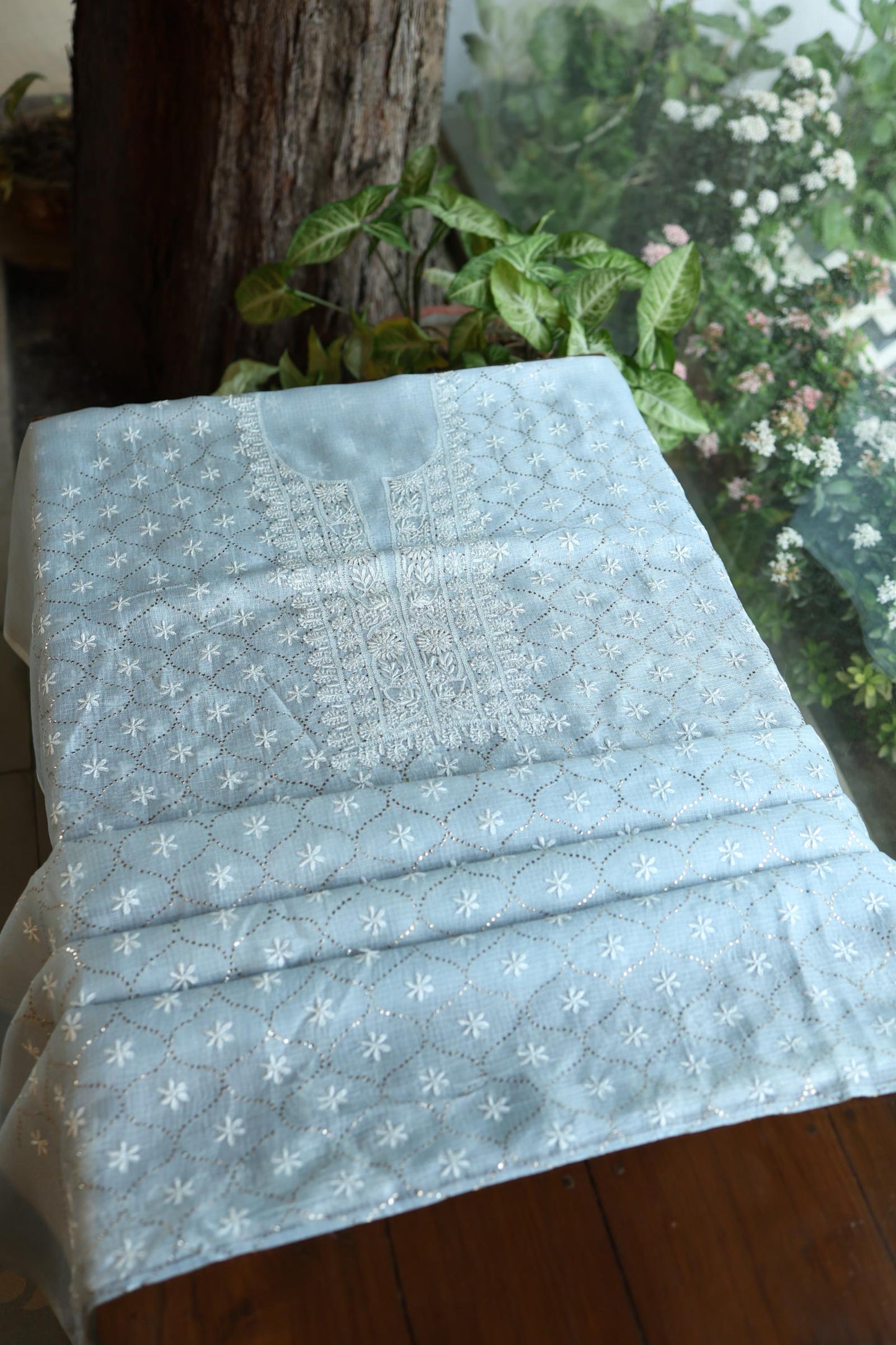 Pastel Blue Rasm Kota Tussar Chikankari Unstitched Chikankari Fabric