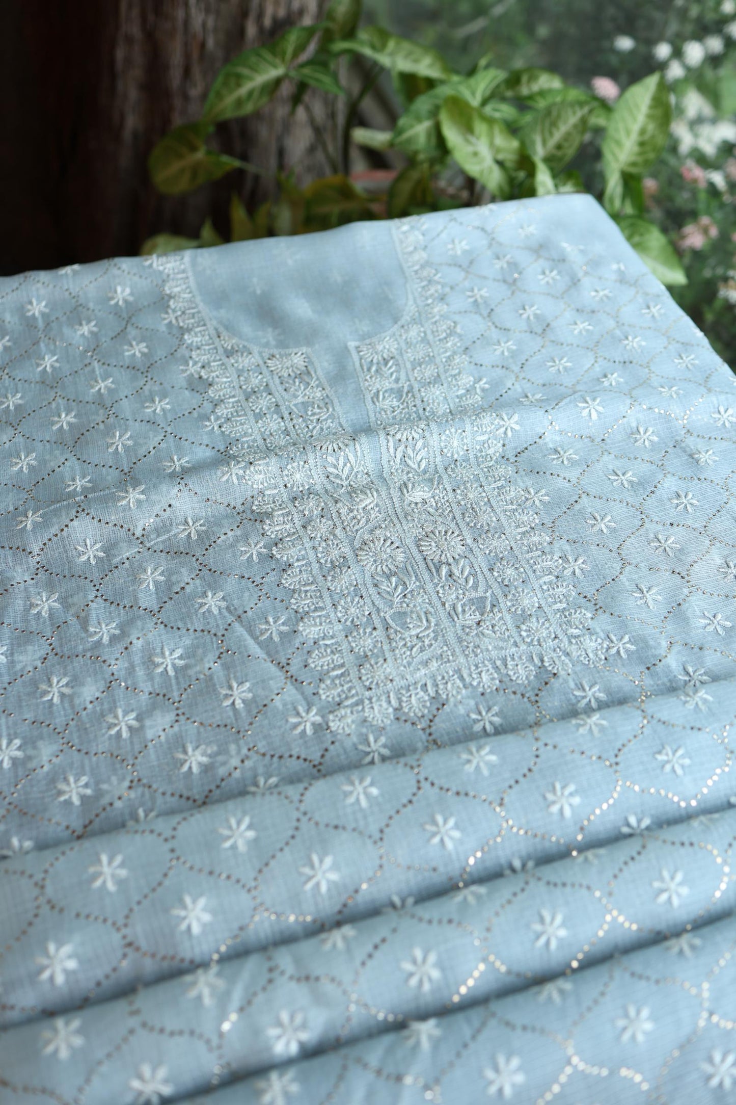 Pastel Blue Rasm Kota Tussar Chikankari Unstitched Chikankari Fabric