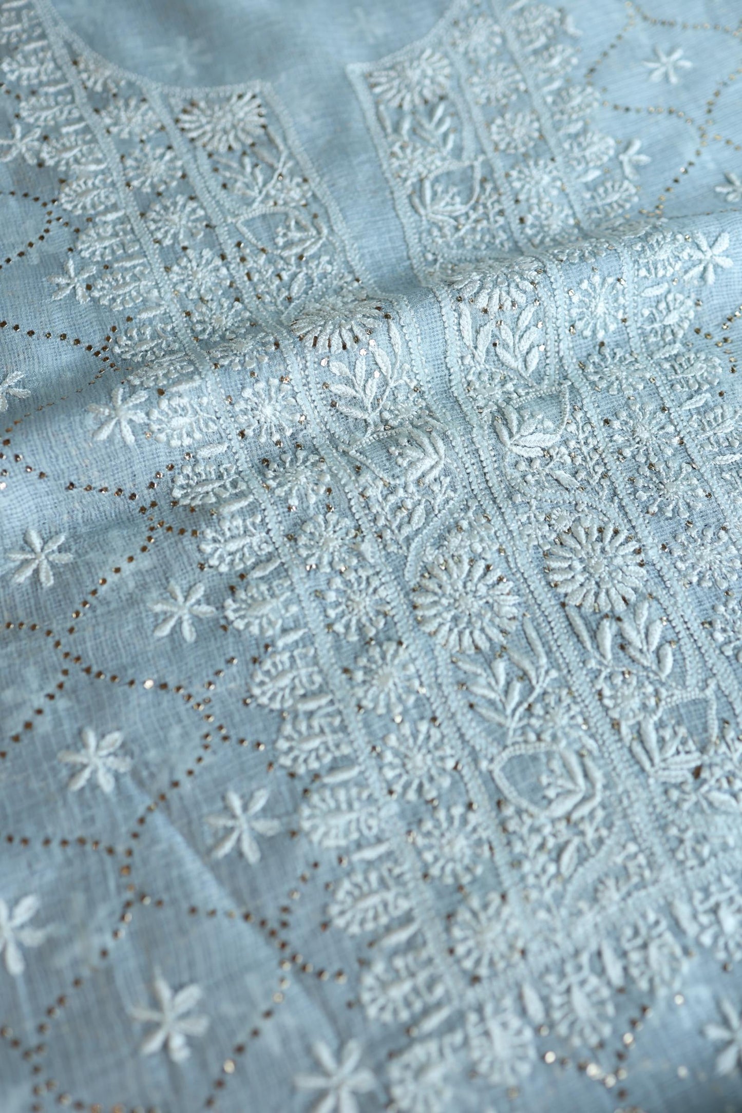 Pastel Blue Rasm Kota Tussar Chikankari Unstitched Chikankari Fabric
