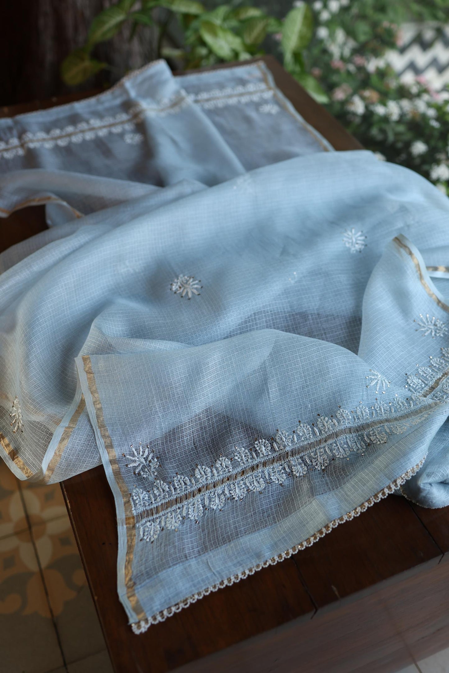Pastel Blue Rasm Kota Tussar Chikankari Unstitched Chikankari Fabric