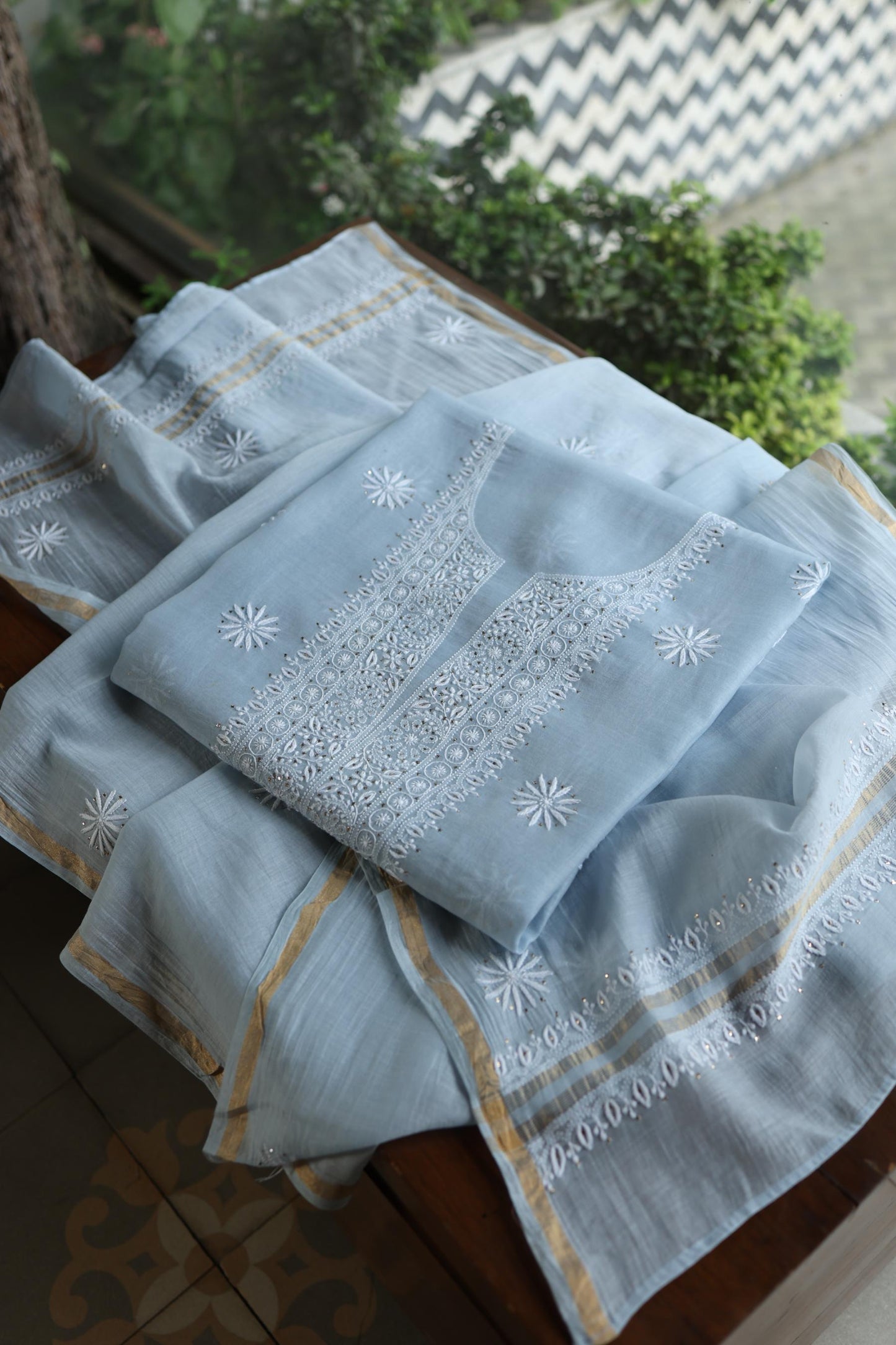 Pastel Blue Shade Mal Cotton Fine Chikankari Unstitched Fabric