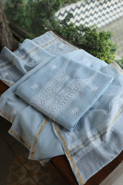 Pastel Blue Shade Mal Cotton Fine Chikankari Unstitched Fabric