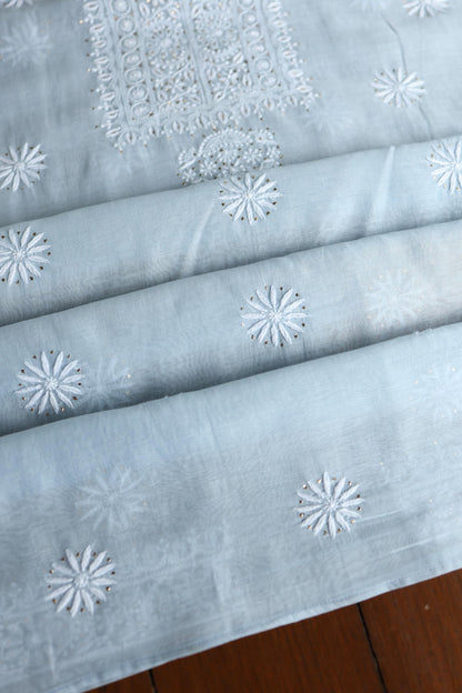 Pastel Blue Shade Mal Cotton Fine Chikankari Unstitched Fabric