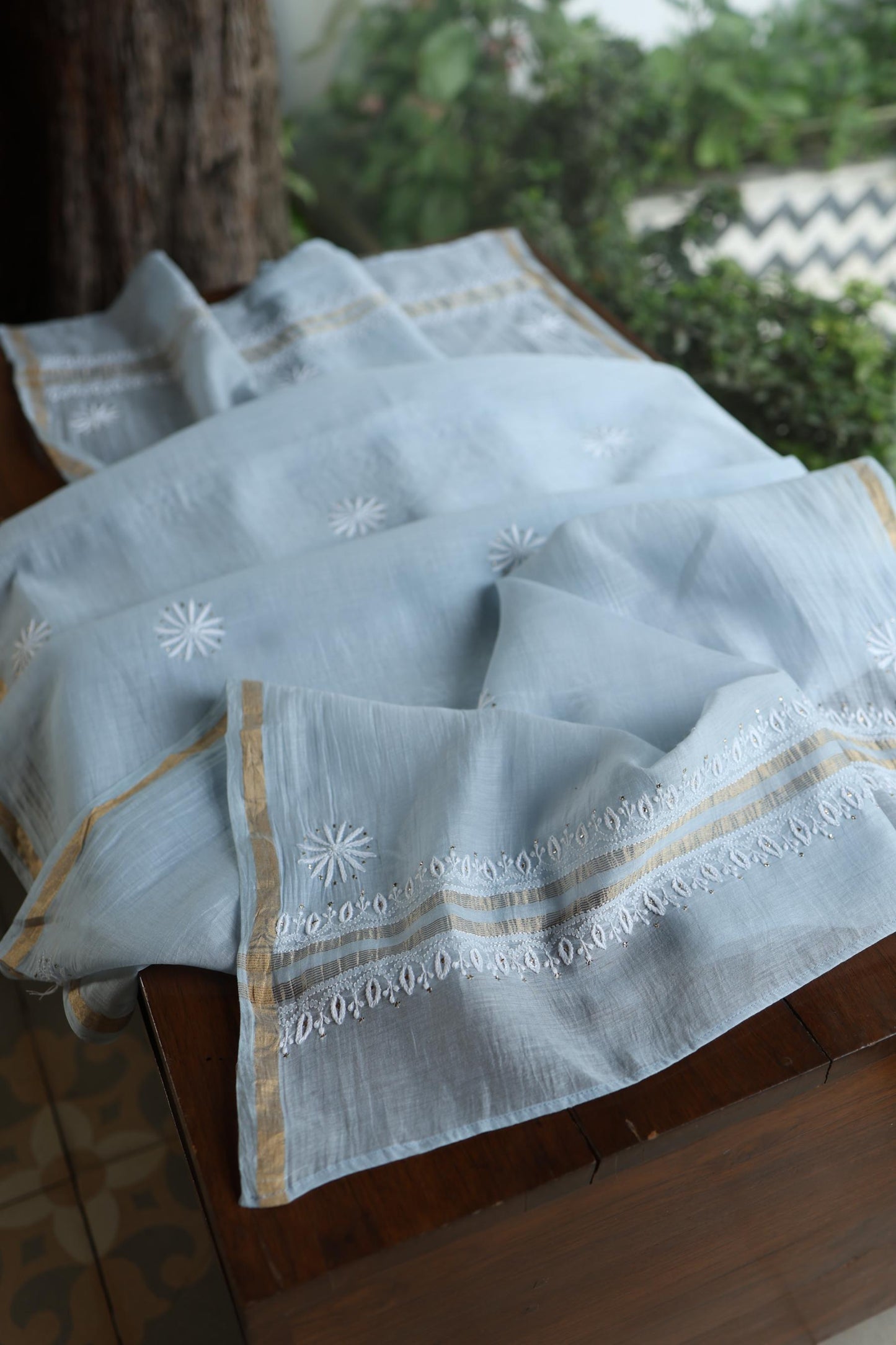 Pastel Blue Shade Mal Cotton Fine Chikankari Unstitched Fabric