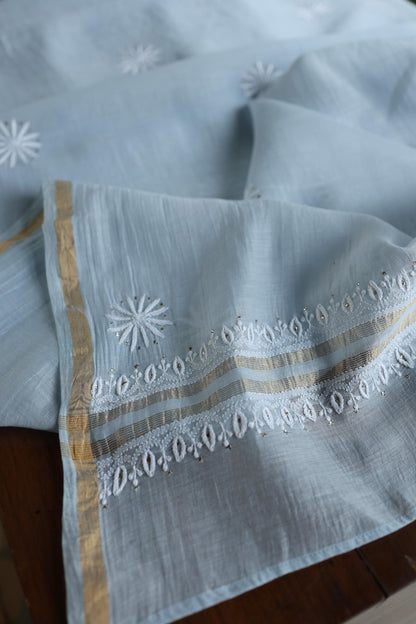 Pastel Blue Shade Mal Cotton Fine Chikankari Unstitched Fabric