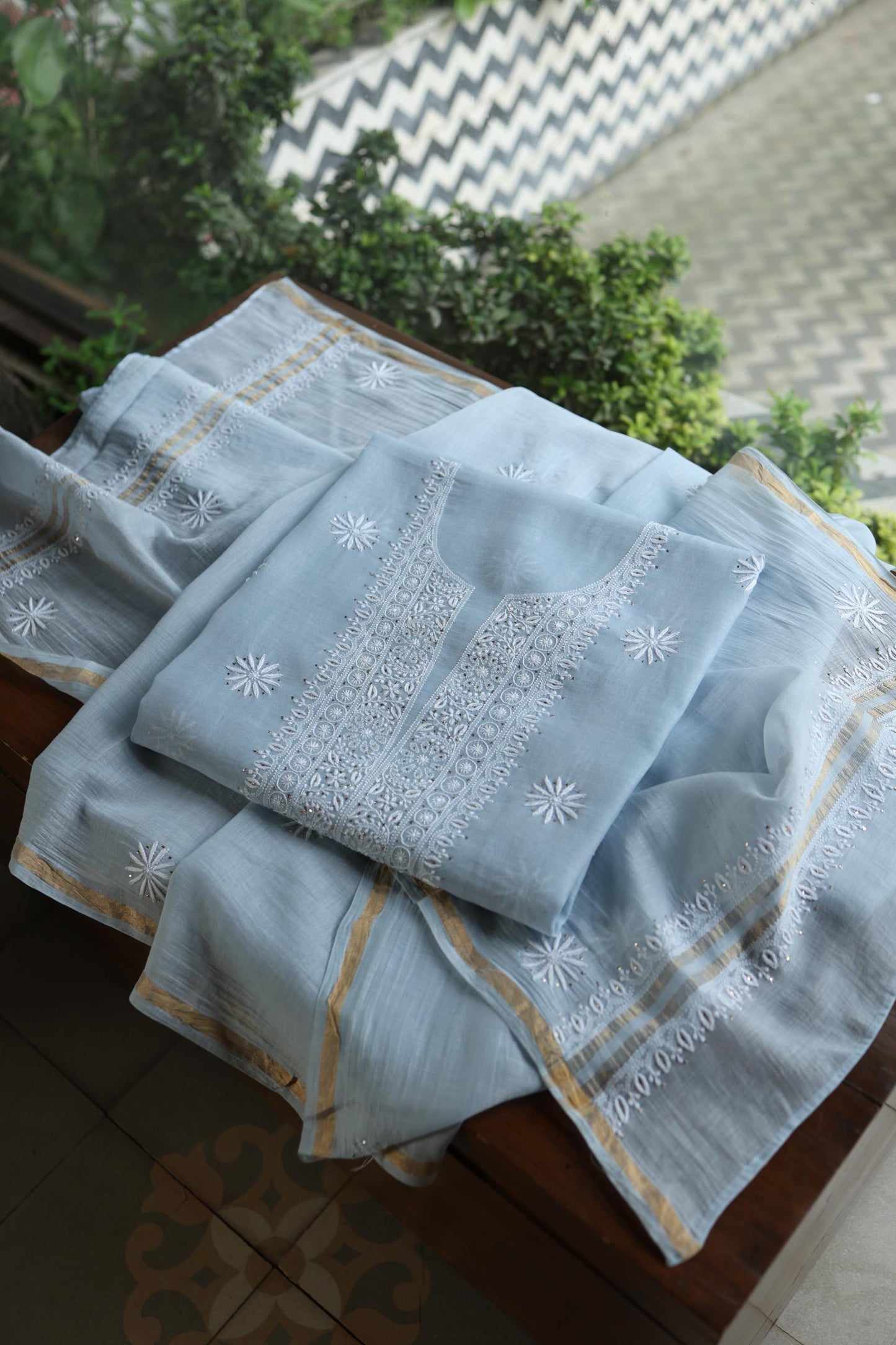 Pastel Blue Shade Mal Cotton Fine Chikankari Unstitched Fabric