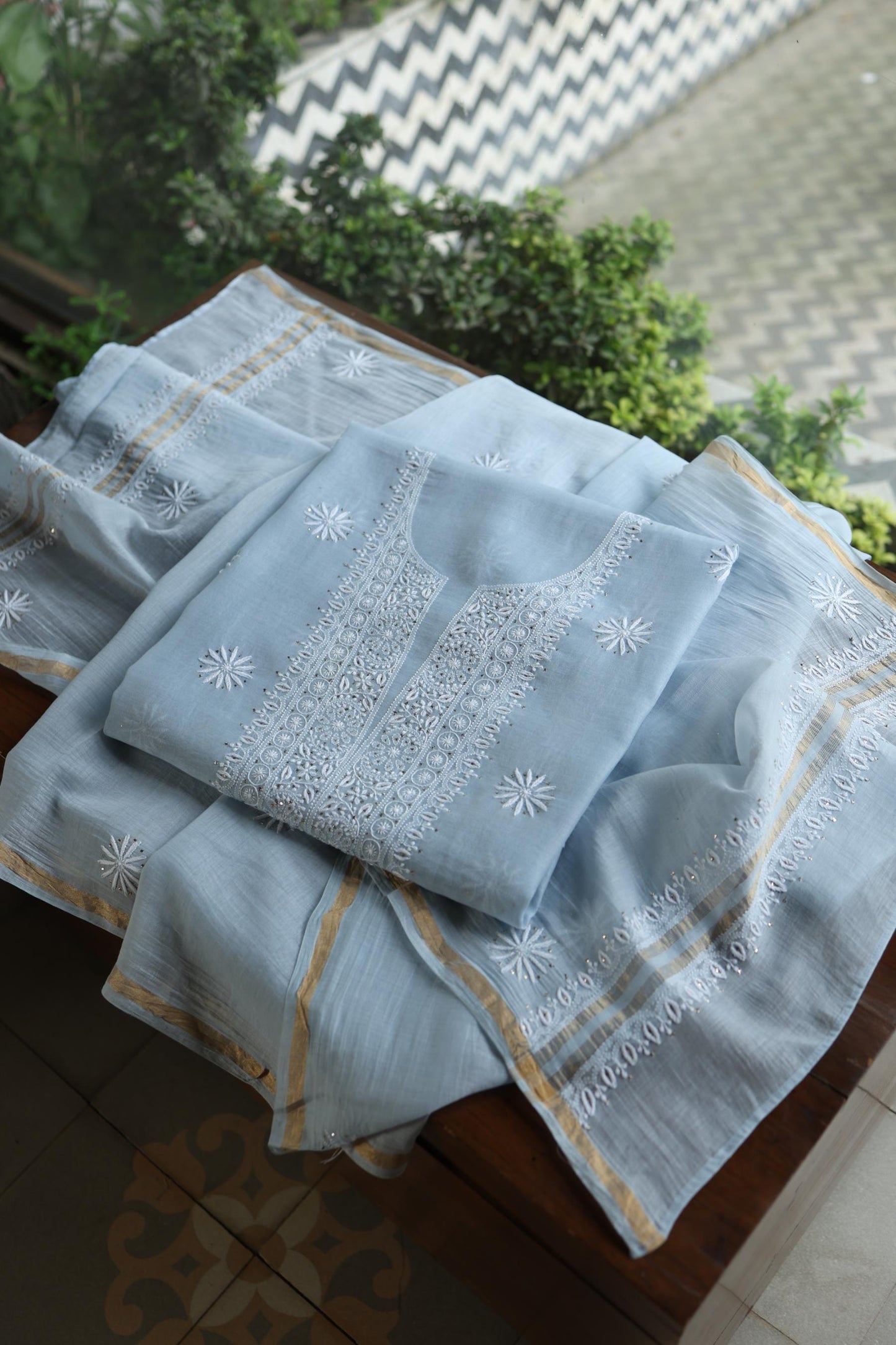 Pastel Blue Shade Mal Cotton Fine Chikankari Unstitched Fabric